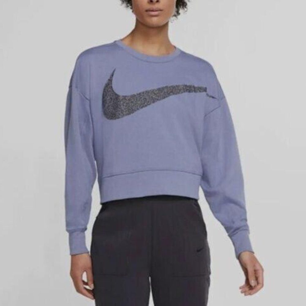 NIKE Dri Fit GLITTER BIG LOGO SWOOSH CROPPED OVERSIZED SWEATSHIRT Size M Blue